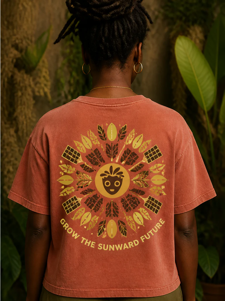 Solarpunk Mandala Organic Tee on-model product photograph, back view