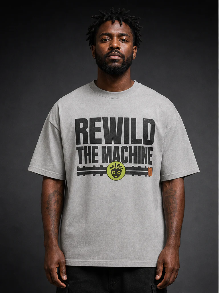 Rewild the Machine Organic Tee on-model product photograph