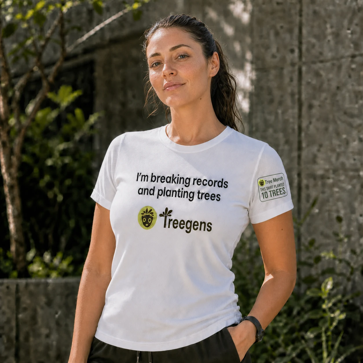 Featured woman wearing the white Breaking Records Treegens tee